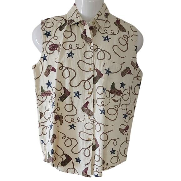 Vintage Western Quizz Sleeveless Top Cowoy Boots Rope Stars Women's Size Medium - Picture 1 of 10